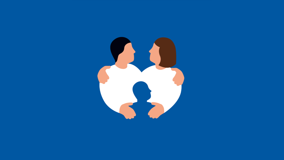 Illustration mit Mann und Frau, in deren Mitte ein Kind zu sehen ist