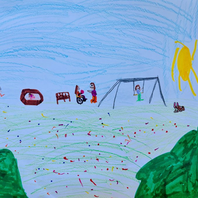 Bild, das ein achtjähriges Kind gemalt hat, mit spielenden Kindern auf Wiese