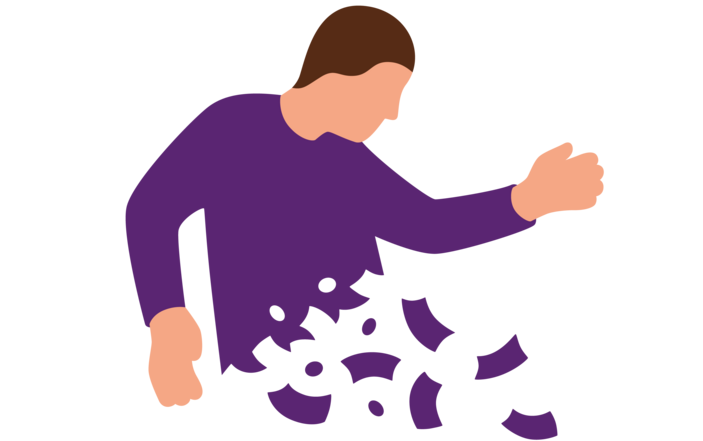 Illustration eines Menschen, dessen Pullover sich in Form von Geldscheinen und Münzen auflöst