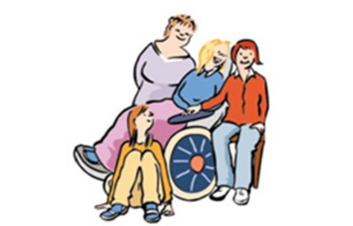 Vier Personen lachen miteinander, eine sitzt im Rollstuhl
