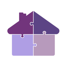 Ein Haus aus vier lilafarbenen Puzzleteilen.