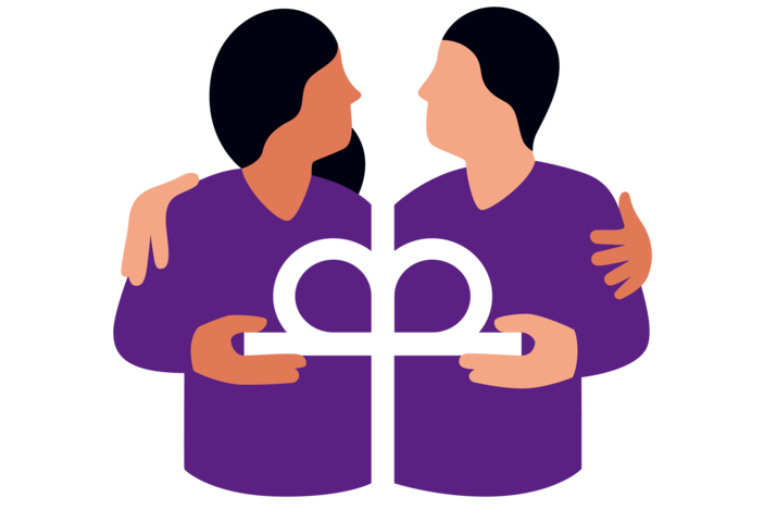 Illustration einer Frau und eines Mannes, die sich gegenseitig im Arm halten und ein Kronenkreuz zwischen sich tragen