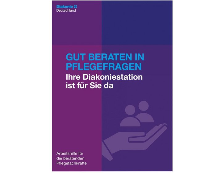 Titelbild einer Arbeitshilfe zu Pflegefragen mit einer Illustration einer Hand, die zwei menschliche Figuren trägt