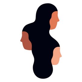 Illustration von drei Frauenköpfen in unterschiedlicher Hautfarbe mit schwarzen Haaren untereinander auf weißem Hintergrund.