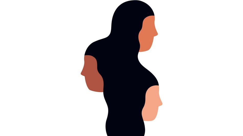Illustration von drei Frauenköpfen in unterschiedlicher Hautfarbe mit schwarzen Haaren untereinander auf weißem Hintergrund.