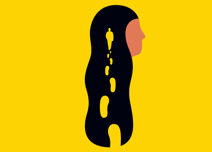 Illustration einer Frau mit langen Haaren, in denen Fußspuren zu sehen sind