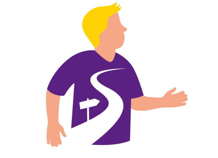 Illustration eines Menschen, auf dessen T-Shirt sich ein Weg mit Wegweiser schlängelt