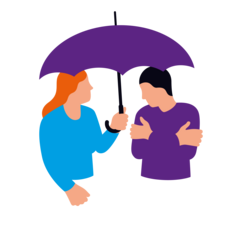 Illustration eines Menschen, der einem anderen, frierenden Menschen einen Regenschirm über den Kopf hält