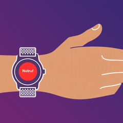 Grafik von einem Arm mit einem Armband, das einen Notrufknopf hat