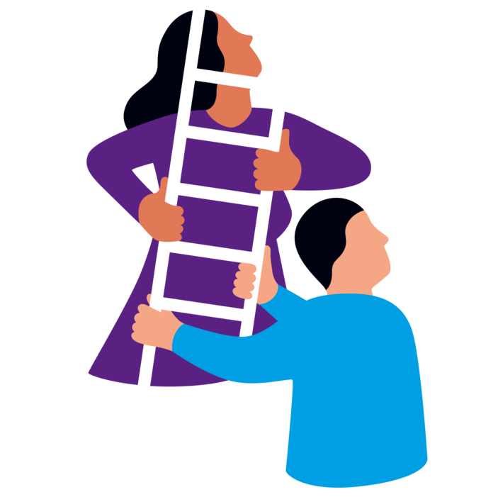 Illustration einer Frau, die eine Leiter hochklettert, die von einem Mann festgehalten wird